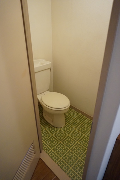 トイレ足元の緑色の模様が独特な雰囲気を漂わせます。